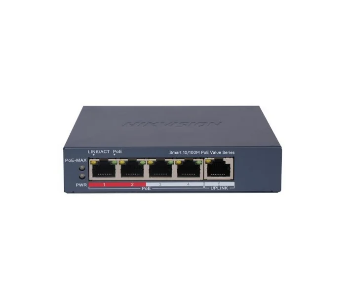 HikVision 4 Port Fast Ethernet Smart POE Switch, 4 x 10/100 Mbps PoE port, 1 x 10/100 Mbps RJ45 port, Total PoE Power Budget 45W, Up to 300 m Long Range PoE Transmission, 6 KV Surge Protection