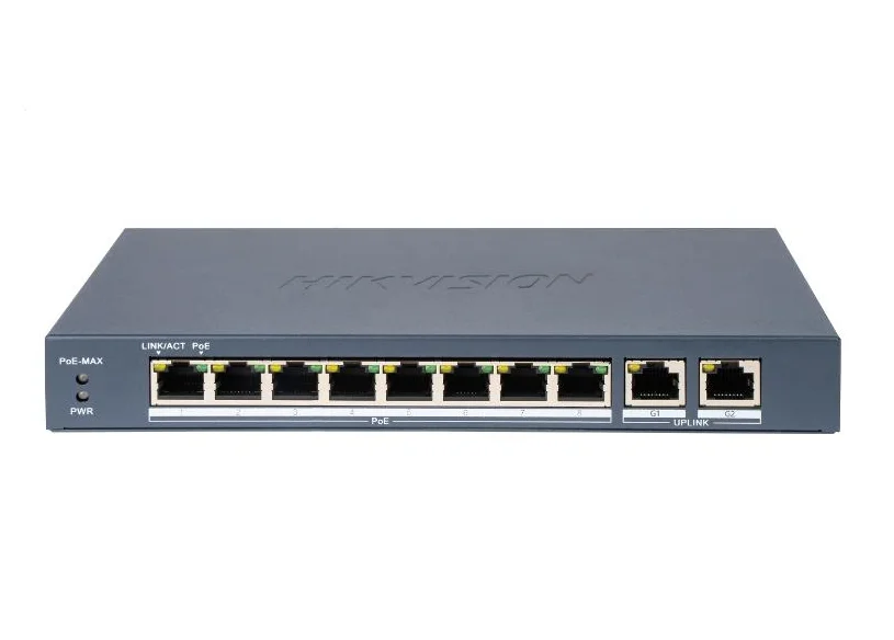 HikVision 8 Port Fast Ethernet Unmanaged POE Switch, 8 x 10/100 Mbps PoE port, and 2 x Gigabit RJ45 port, Total PoE Power Budget 80W, Up to 300 m Long Range PoE Transmission, 6 KV Surge Protection