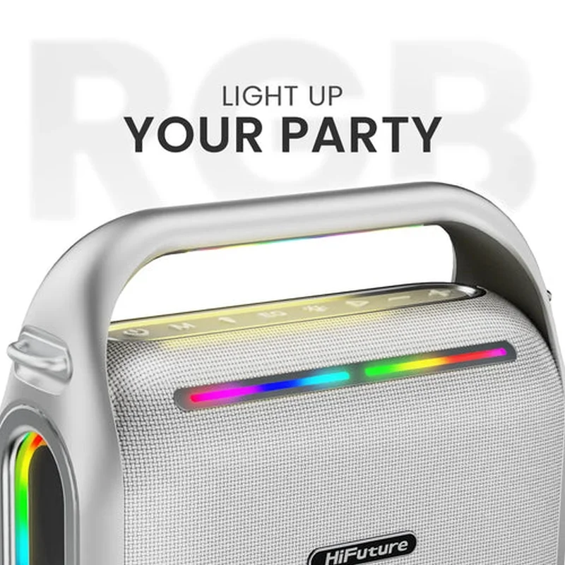 HiFuture MusicBox200 Silver, 100W Output, Karaoke Enable, Two Wireless Microphone, 12000mAh Battery (Support Power Bank), RGB Lighting, Pair to Play (TWS Mode), Bluetooth 5.3
