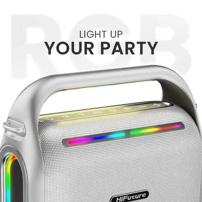 HiFuture MusicBox200 Silver, 100W Output, Karaoke Enable, Two Wireless Microphone, 12000mAh Battery (Support Power Bank), RGB Lighting, Pair to Play (TWS Mode), Bluetooth 5.3