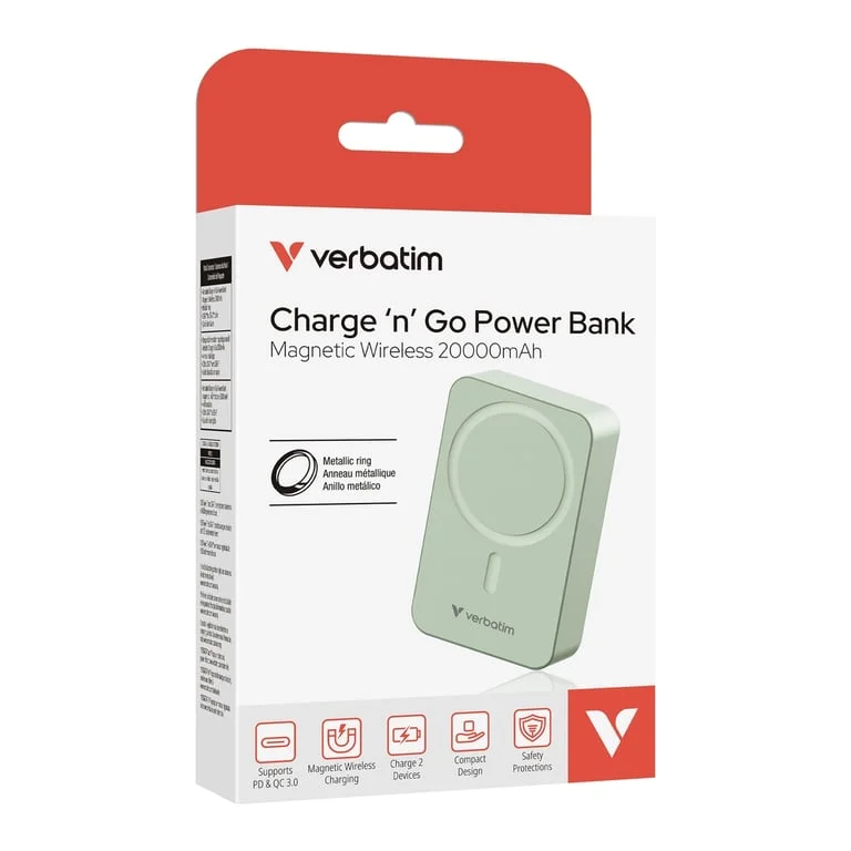 Външна батерия Verbatim Charge 'n' Go Essentials Magnetic Wireless 20000mAh зелена