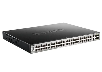 D-Link 48x10/100/1000BASE-T PoE ports (370W budget) Layer 3 Stackable Managed Gigabit Switch with 2x10GBASE-T ports and 4xSFP+ ports