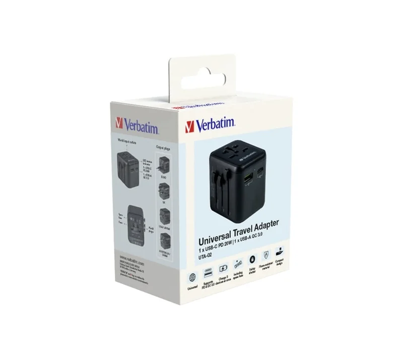 Адаптер за пътуване Verbatim UTA-02 универсален с USB-C PD 20W и USB-A QC 3.0