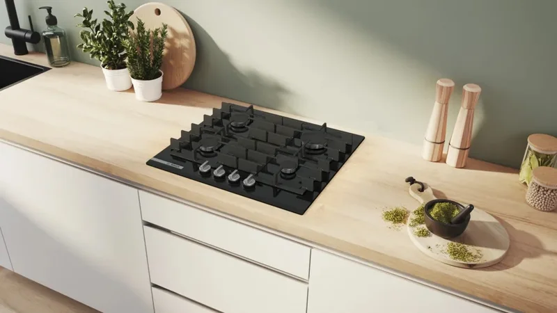 Bosch PRP6A6H40, SER8, Gas hob, 4 zones, 9 power levels, FlameSelect new, Smart Hood Automatic, Touch control, Easy cleaning, illuminated metal knobs, display, black, Front-bevel, HC, 60cm