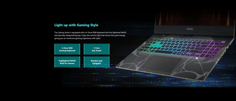 MSI Cyborg 15 B13WFKG, i7-13620H (10C/16T, up to 4.90GHz, 24 MB), GeForce RTX 5060 8GB GDDR7 572 AI TOPS, 15.6" FHD (1920x1080), 144Hz, IPS-Level, 16GB DDR5 5200MHz, 512GB PCIe Gen4x4 SSD, WiFi 6E, BT 5.3, 4 Zone RGB Kbd, NO OS, 55.2Whr, 2.1kg