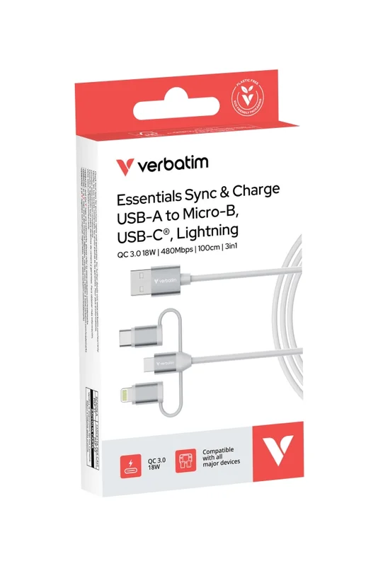Verbatim Sync & Charge Cable 3-in-1 USB-A to Micro-B/USB-C/Lightning 18W 100cm - White