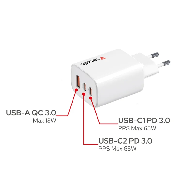 Зарядно устройство VERBATIM – Essentials GaN 65W, EU щепсел, бяло