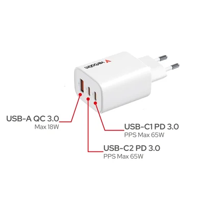 Зарядно устройство VERBATIM – Essentials GaN 65W, EU щепсел, бяло