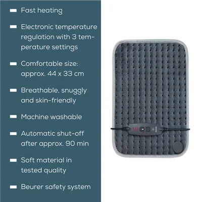 Beurer HK SE Cosy and soft heat pad;  3 temperature settings, automatic switch off after 90 min; washable on 30°; Gray