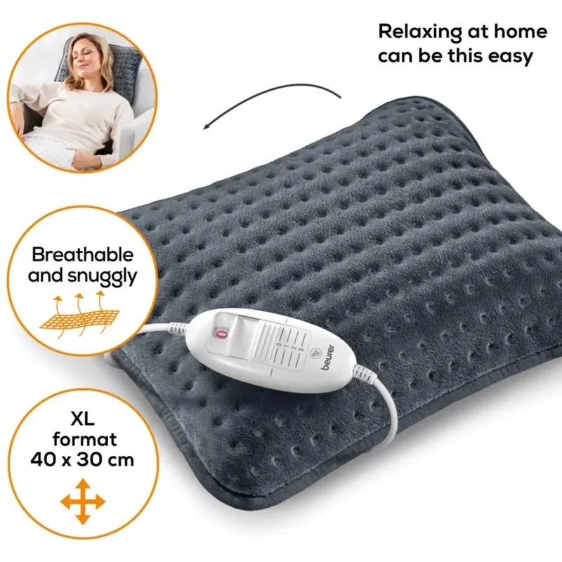 Beurer HK 48 Cosy Heat Pad; 3 temperature settings; auto switch-off after 90 min; washable on 30°; reversable cushion; with inner pad; removable switch; fleece fibre; 40(L)x30(W) cm