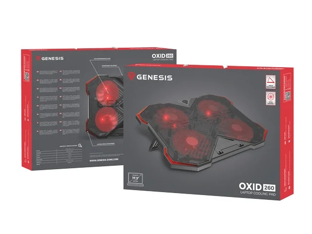 Охладителна подложка за лаптоп Genesis Oxid 260, 15.6"-17.3", 4 вентилатора, LED осветление, 2 USB порта