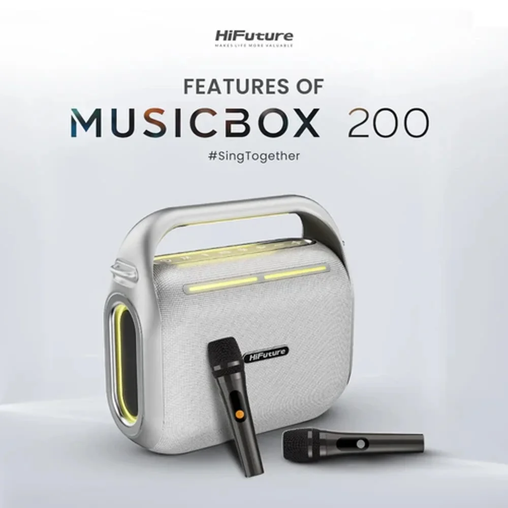 HiFuture MusicBox200 Silver, 100W Output, Karaoke Enable, Two Wireless Microphone, 12000mAh Battery (Support Power Bank), RGB Lighting, Pair to Play (TWS Mode), Bluetooth 5.3