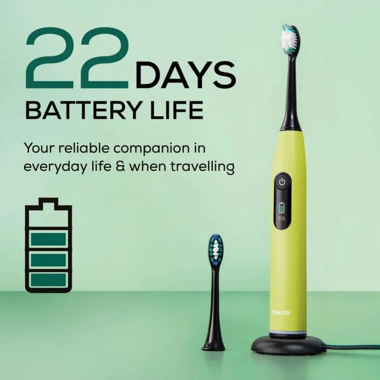 Beurer SC 50 splashy lemon Electric Sonic Toothbrush, up to 80,000 mov/min, 5 cleaning programs: Clean, Sensitive, Polish, Gum Care, Whiten, Pressure sensor , 2-min. timer, Incl. 2 toothbrush heads and magnetic charging plate, 22 days of battery life