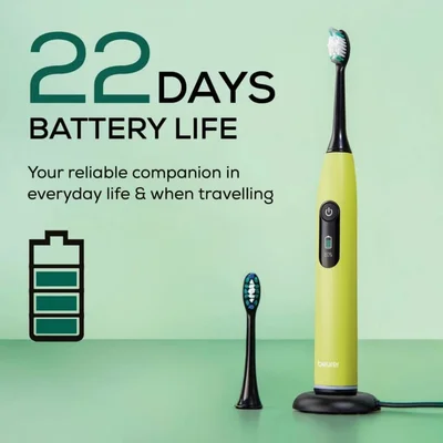 Beurer SC 50 splashy lemon Electric Sonic Toothbrush, up to 80,000 mov/min, 5 cleaning programs: Clean, Sensitive, Polish, Gum Care, Whiten, Pressure sensor , 2-min. timer, Incl. 2 toothbrush heads and magnetic charging plate, 22 days of battery life