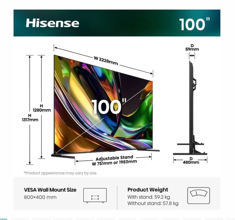 Hisense 100" UR8S, 4K Ultra HD 3840x2160, RGB Mini Led , DLED, Quantum Dot, 180Hz, IPS, HDR 10+, HLG, Dolby Vision IQ, Dolby Atmos, Smart TV,Light Sensor,WiFi 6eGHz, WiFi Direct, BT,2x10 W + 20 W + 2x5 W, Anyview Cast, 4xHDMI, 2xUSB, LAN, CI+, DVB-T2/C/S