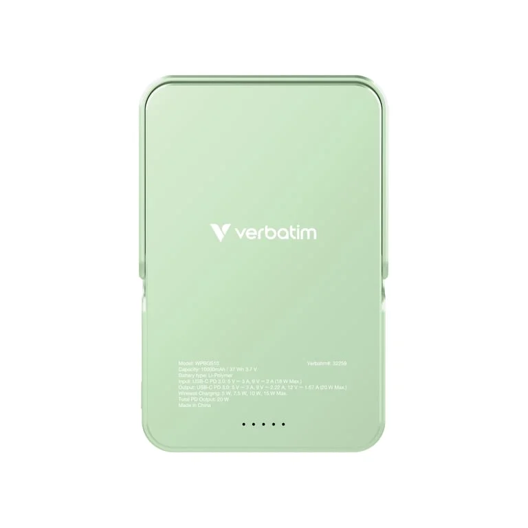 Външна батерия Verbatim Charge 'n' Go 10000mAh, магнитно безжично зареждане, стойка, зеленa