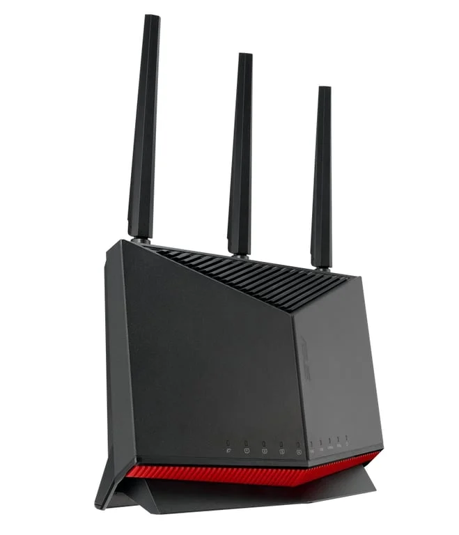 Рутер ASUS RT-BE86U BE6800 Gaming, двубандов, Quad-Core 2.6GHz CPU, 256MB/1GB Flash/RAM, 4K-QAM, MLO, 10G порт, 2.5G четири порта, AiProtection Pro, Adaptive QoS, VPN Fusion, Instant Guard, IPTV, OFDMA, MU-MIMO, UTF-8 SSID, AiMesh, черен