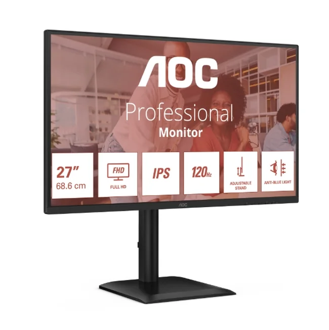 AOC 27E4U, 27" IPS WLED, 1920x1080@120Hz, 4ms GtG, 300cd m/2, 1500:1, 20M:1 DCR, Adaptive Sync, FlickerFree, Anti Blue Light, 2Wx2, Tilt, Height Adjust, Pivot, Swivel, D-SUB, HDMI, USB Hub