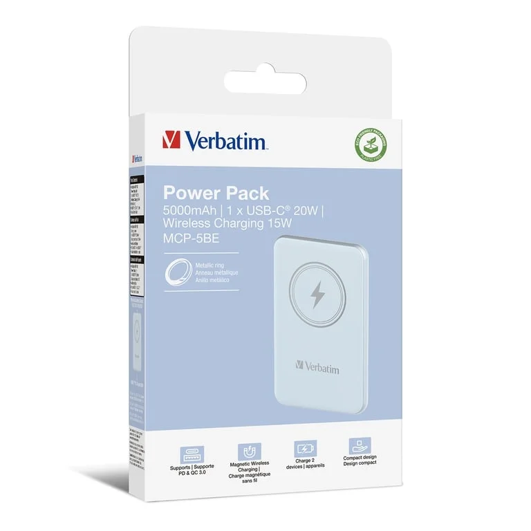 Външна батерия Verbatim MCP-5BE 5000 mAh, USB-C PD 20W, Магнитно безжично зареждане 15W, синя