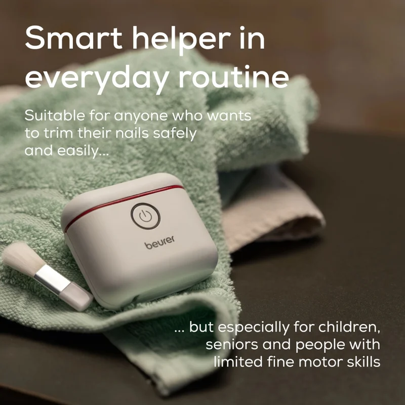 Beurer MP 10 Electric nail clipper; Nails are cut automatically; One-button operation; Ideal for children & the elderly; Two speed settings; LED light; USB-C cable incl.
