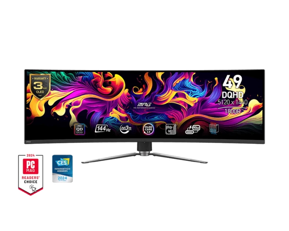MSI MPG 491CQP QD-OLED, 49", 144Hz, 0.03ms, DQHD 5120x1440, 32:9, Oled Care 2.0, Fanless Design with Graphene, ClearMR 8000, HDR True Black 400, AI VISION, KVM, PBP, PIP, 250 nits, 1500000:1, DP (1.4a), 2x HDMI (2.1), Type-C (DP alt. PD 90W), USB HUB