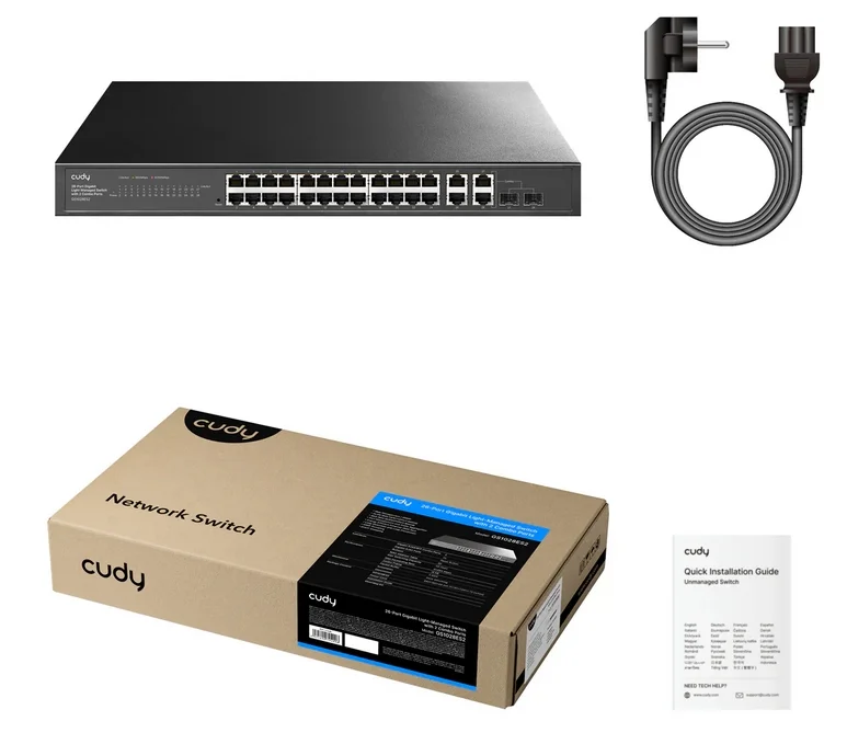 Cudy GS1028ES2 26-Port Gigabit Easy-Managed Switch, 10/100/1000M RJ45 Ports, 2 Gigabit Combo ports, 19 inch Rack-mount Steel Case (Rack-Mount kits included) 802.1Q/MTU/Port Based/Voice VLAN, MAC Management, Cudy Cloud APP