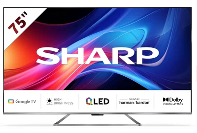 Sharp 75GP7265E, 75" QLED Google TV, 4K Ultra HD 3840x2160 Frameless, AQUOS, DVB-T/T2/C/S/S2, Active Motion 1200, HDR10, Dolby Atmos, Dolby Vision, Google Assistant, HARMAN/KARDON, Chromecast Built-in, HDMI 2.1 with eARC, Aluminium finish, USB, Wi-Fi, Bl
