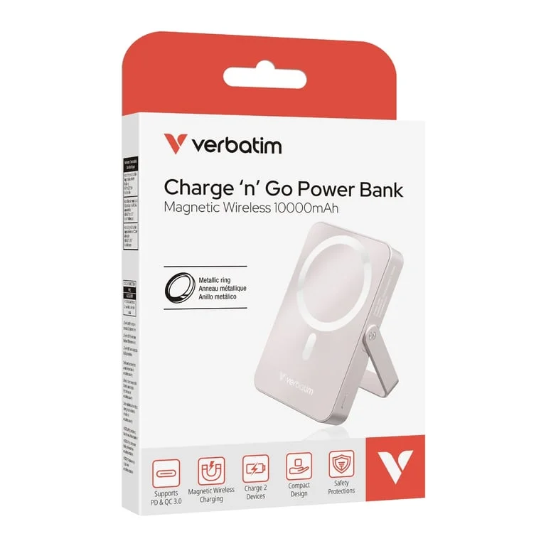 Външна батерия Verbatim Charge 'n' Go 10000mAh, магнитно безжично зареждане, стойка, розова