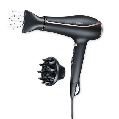 Сешоар Beurer HC 80, 2200 W, тройна йонизираща функция, професионален AC мотор, 2 приставки, 3 температурни степени, 2 скорости, студен въздух, защита от прегряване