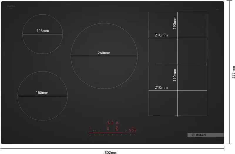 Bosch PVW81CHB1E, SER8, Induction electric cooktop, 5 zones (1 CombiZone + 3, 24cm ring), DirectSelect, PanBoost, frameless, 7,4 kW, 80cm, HC, Matt Black