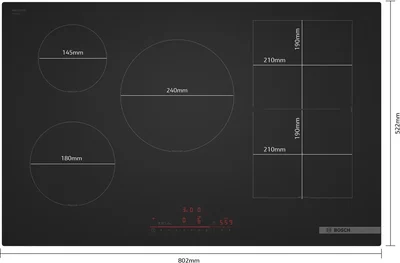 Bosch PVW81CHB1E, SER8, Induction electric cooktop, 5 zones (1 CombiZone + 3, 24cm ring), DirectSelect, PanBoost, frameless, 7,4 kW, 80cm, HC, Matt Black