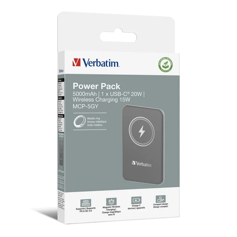 Външна батерия Verbatim MCP-5GY 5000mAh USB-C PD 20W / Магнитно безжично зареждане 15W Сива