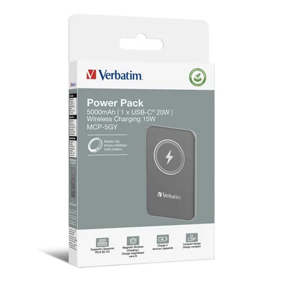 Външна батерия Verbatim MCP-5GY 5000mAh USB-C PD 20W / Магнитно безжично зареждане 15W Сива