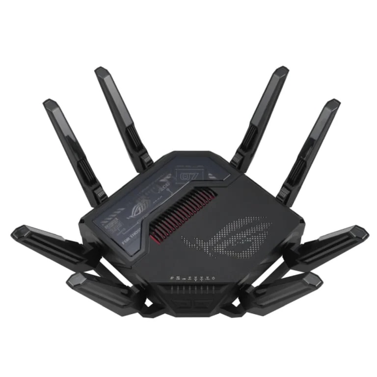 Asus Gaming Wireless Router, ROG Rapture GT-BE98, BE25000, Quad-Band, Quad-Core 2.6GHz CPU, 256MB/2GB Flash/RAM, 10G dual-port, 2.5G quad-port, AiProtection Pro, RangeBoost Plus, AiRadar TX, open NAT, VPN Fusion, multiple SSIDs, IPTV, RGB, AiMesh, Black