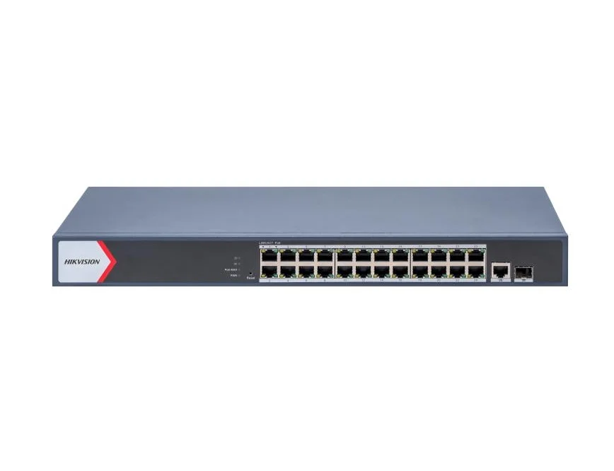 HikVision 24 Port Gigabit Smart POE Switch, 24 x Gigabit PoE port,1 x Gigabit RJ45 port, 1 x Gigabit fiber optical port, Power Budget 370W, Up to 300 m Long Range PoE Transmission, 6 kV Surge Protection