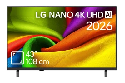 LG 43NU8E0B3LA, 43" 4K HDR UHD, 3840x2160, DVB-T2/C/S2, AI Alpha 7, HDR 10, webOS 26, ThinQ AI, VRR, ALLM, HGiG, WiFi, Clear Voice, 4K Super Upscaling, Bluetooth 5.3, Hdmi e-ARC , CI, LAN, AirPlay2, AI Sound Pro, Google Cast, 2 Pole stand, Black