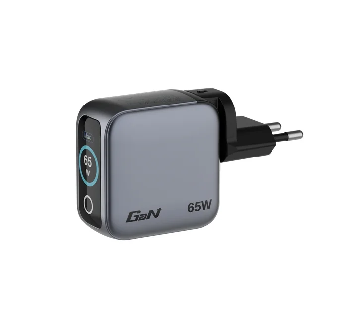 Зарядно устройство Verbatim Mini GaN 65W с дисплей и 60W USB-C към USB-C кабел, сиво