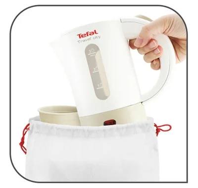 Електрическа кана Tefal KO120130 TRAVEL CITY2 0.5L бяло и сиво, 2 чаши, чанта за пътуване, лъжица