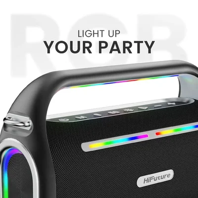 HiFuture MusicBox200 Black, 100W Output, Karaoke Enable, Two Wireless Microphone, 12000mAh Battery (Support Power Bank), RGB Lighting, Pair to Play (TWS Mode), Bluetooth 5.3