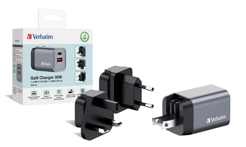 Verbatim GNC-35 GaN Charger 2 Port 35W USB A/C (EU/UK/US)