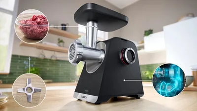 Bosch MFWS660B, SER6, Meat mincer - MultiPower 2100 W, Planetary gearbox, 3,5 kg/min, kebbe attachment, sausage attachment, fruit press attachment, shredding attachment, reverse function, Black