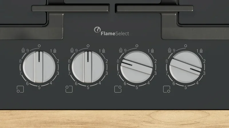 Bosch PPP6A6I40, SER6, Gas hob, 4 zones, 9 power levels, FlameSelect new, Easy cleaning, metal knobs, black, flush, 60cm