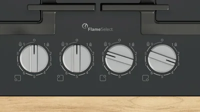 Bosch PPP6A6I40, SER6, Gas hob, 4 zones, 9 power levels, FlameSelect new, Easy cleaning, metal knobs, black, flush, 60cm