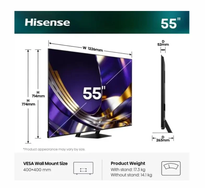 Hisense 55"U7S Pro, 4K Ultra HD 3840x2160, ULED, FALD, Quantum Dot, 165Hz, IPS, HDR 10+, HLG, Dolby Vision IQ, Dolby Atmos, Smart TV, WiFi 5GHz, WiFi Direct, BT, Anyview Cast,light sensor,Solar Powered Remote, 4xHDMI, 2xUSB, LAN, CI+, DVB-T2/C/S2, Black