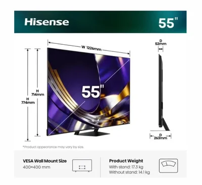 Hisense 55"U7S Pro, 4K Ultra HD 3840x2160, ULED, FALD, Quantum Dot, 165Hz, IPS, HDR 10+, HLG, Dolby Vision IQ, Dolby Atmos, Smart TV, WiFi 5GHz, WiFi Direct, BT, Anyview Cast,light sensor,Solar Powered Remote, 4xHDMI, 2xUSB, LAN, CI+, DVB-T2/C/S2, Black