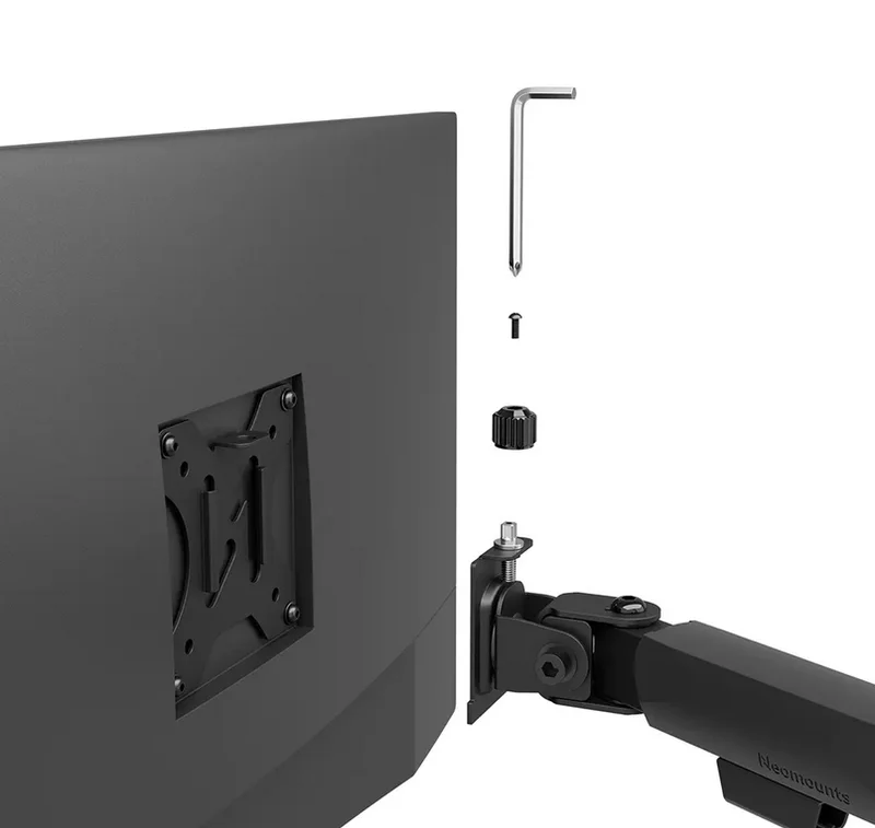 Стойка за монитор NEOMOUNTS BY NEWSTAR Nero, за един дисплей, 10"-32", макс. 8 кг, VESA 100x100, черна, с държач за телефон и бърз монтаж (клема/отвор)