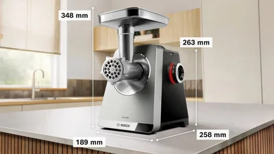 Bosch MFWS835M, SER8, Meat mincer, Blocking power: 2500W, 4,5 kg/min, 10-year motor, dishwasher safe, tomato press, kebbe att., sausage att., silver black