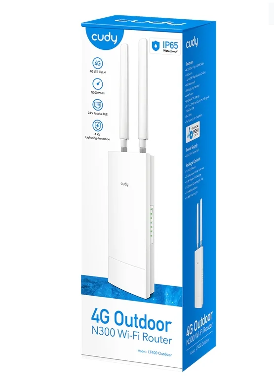 Cudy LT400 Outdoor 4G LTE Cat 4 N300 Wi-Fi Router, 300Mbps Wi-Fi, build-in 4G LTE modem, lightning protection, IP65 Waterproof, 10/100M RJ45