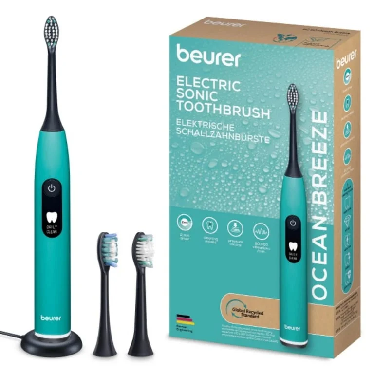 Beurer SC 50 ocean breeze Electric Sonic Toothbrush, up to 80,000 mov/min, 5 cleaning programs: Clean, Sensitive, Polish, Gum Care, Whiten, Pressure sensor , 2-min. timer, Incl. 2 toothbrush heads and magnetic charging plate, 22 days of battery life