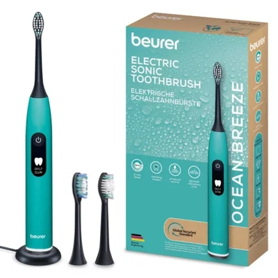 Beurer SC 50 ocean breeze Electric Sonic Toothbrush, up to 80,000 mov/min, 5 cleaning programs: Clean, Sensitive, Polish, Gum Care, Whiten, Pressure sensor , 2-min. timer, Incl. 2 toothbrush heads and magnetic charging plate, 22 days of battery life